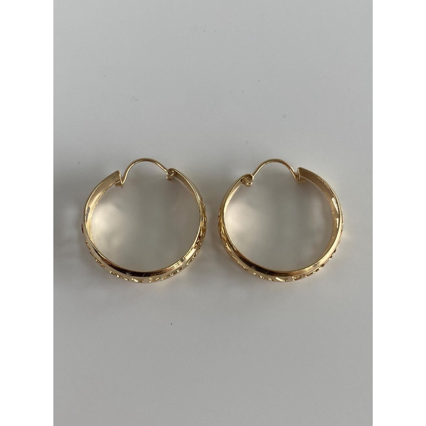 Vintage Solid 14k Yellow Gold Open Work Design Hoop Earrings
