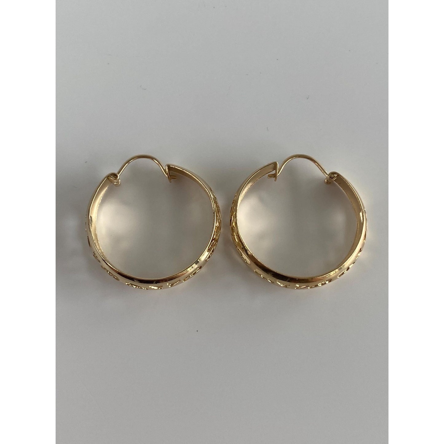 Vintage Solid 14k Yellow Gold Open Work Design Hoop Earrings