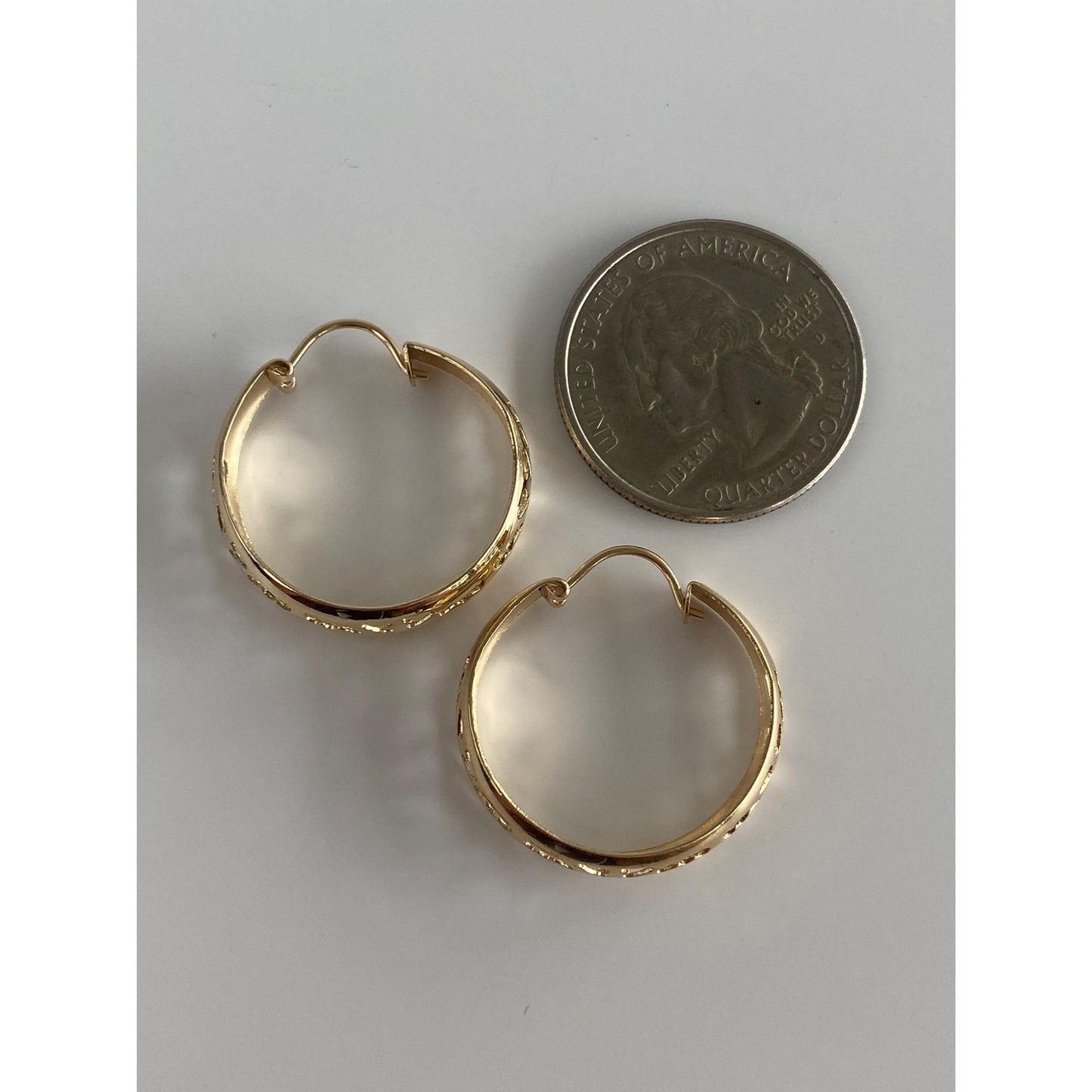 Vintage Solid 14k Yellow Gold Open Work Design Hoop Earrings