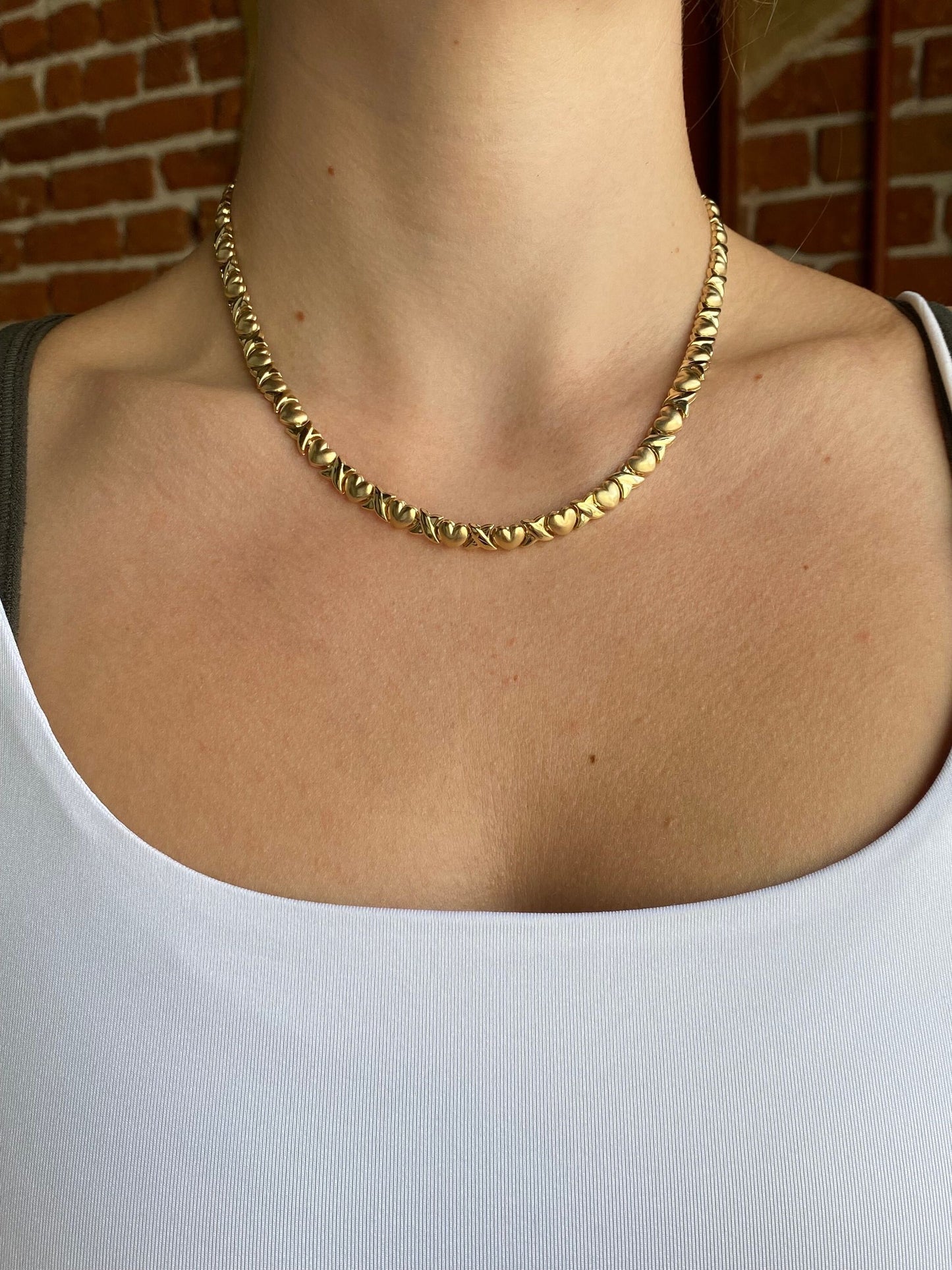 Vintage Solid 10k Yellow Gold Heart X Link Necklace - 16.75 inches
