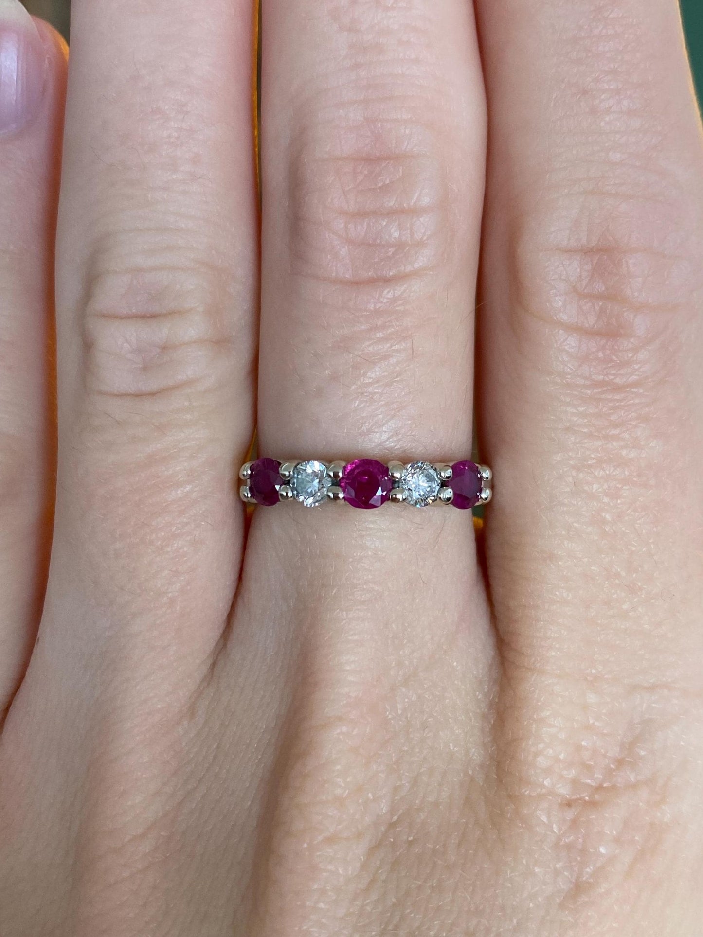 Vintage Solid 14k White Gold Diamond Ruby Band Ring - Size 6.75
