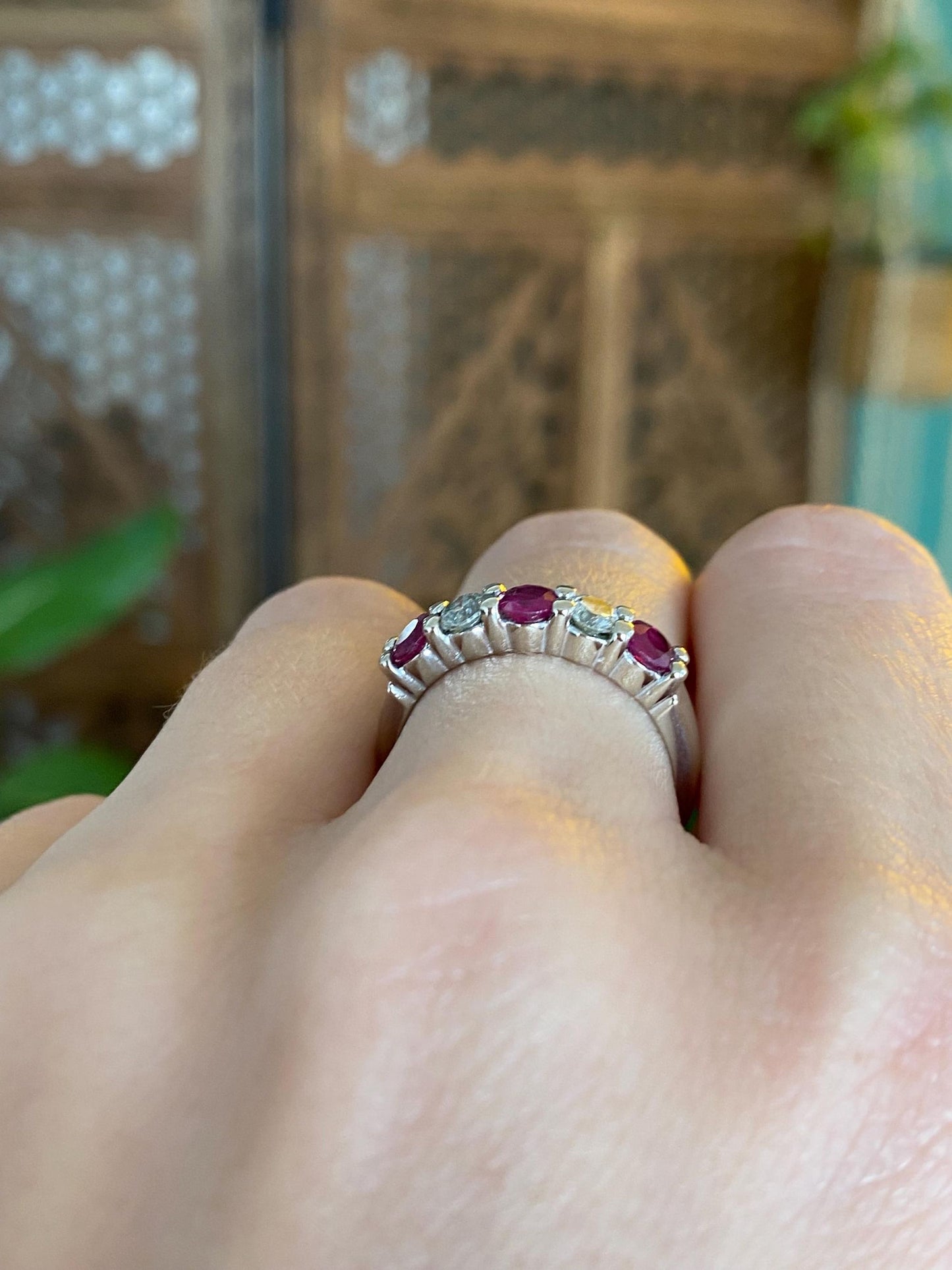 Vintage Solid 14k White Gold Diamond Ruby Band Ring - Size 6.75