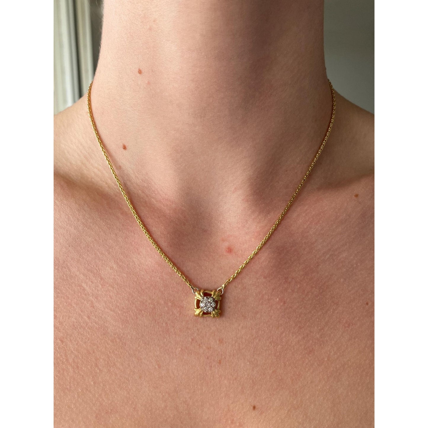 Solid 18k Yellow Gold Diamond Wheat Chain Necklace - 16.5 inches