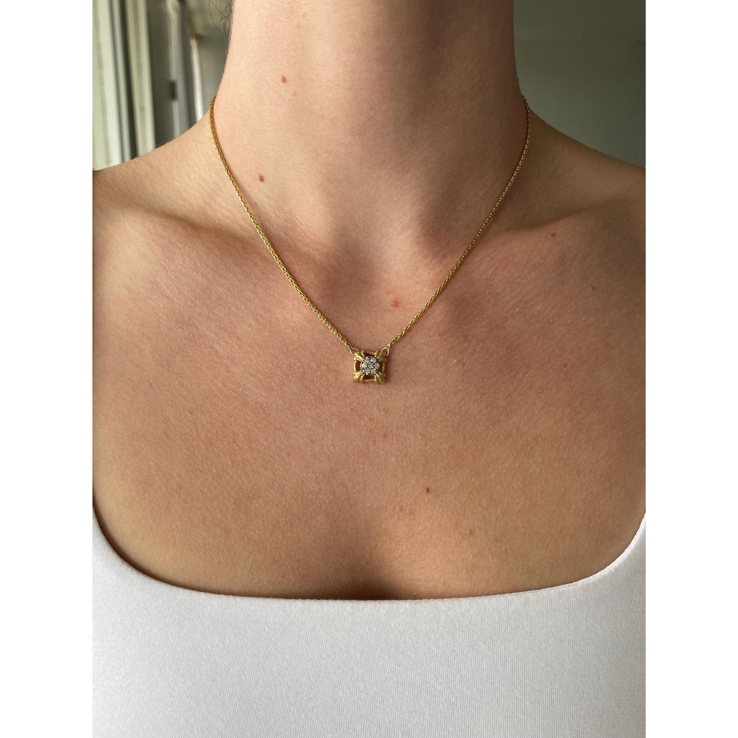 Solid 18k Yellow Gold Diamond Wheat Chain Necklace - 16.5 inches