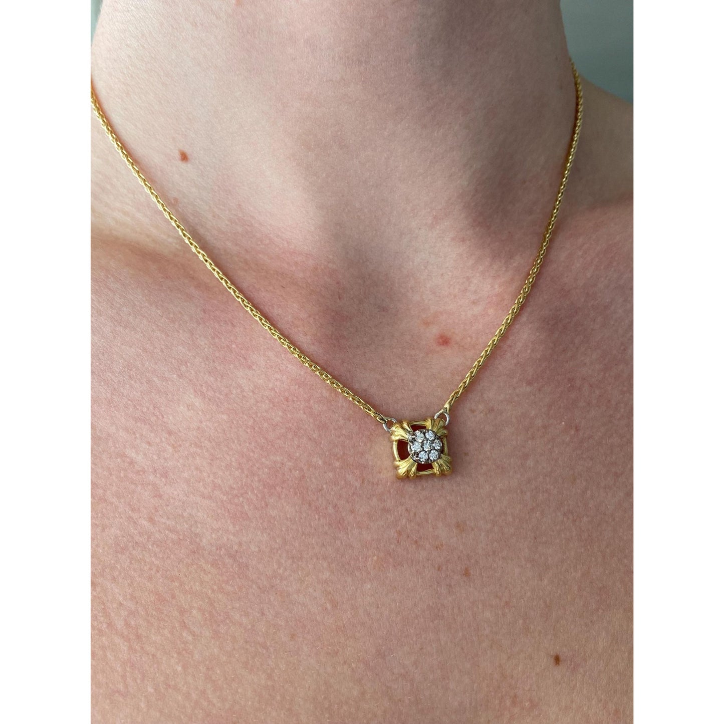 Solid 18k Yellow Gold Diamond Wheat Chain Necklace - 16.5 inches