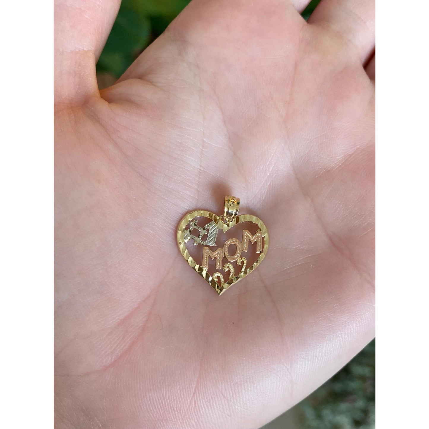 Solid 14k Tri Tone Gold #1 Mom Heart Charm