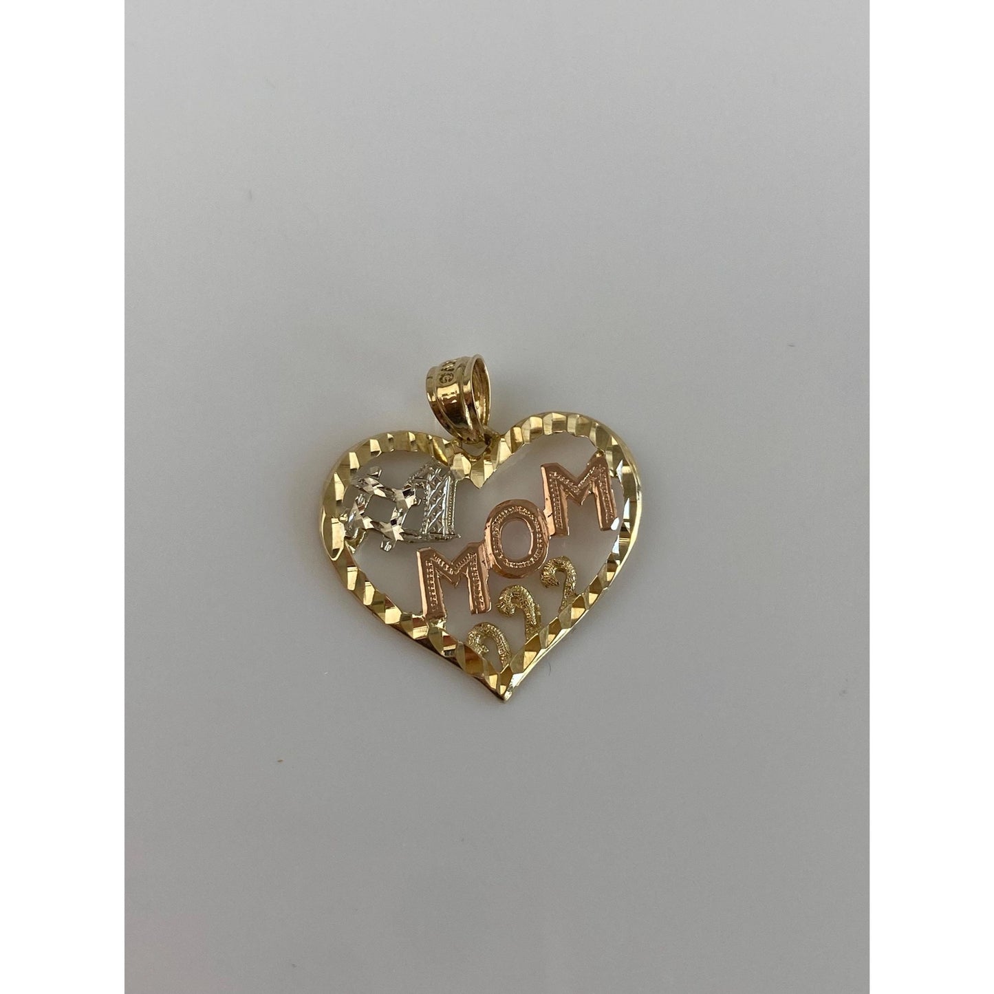 Solid 14k Tri Tone Gold #1 Mom Heart Charm