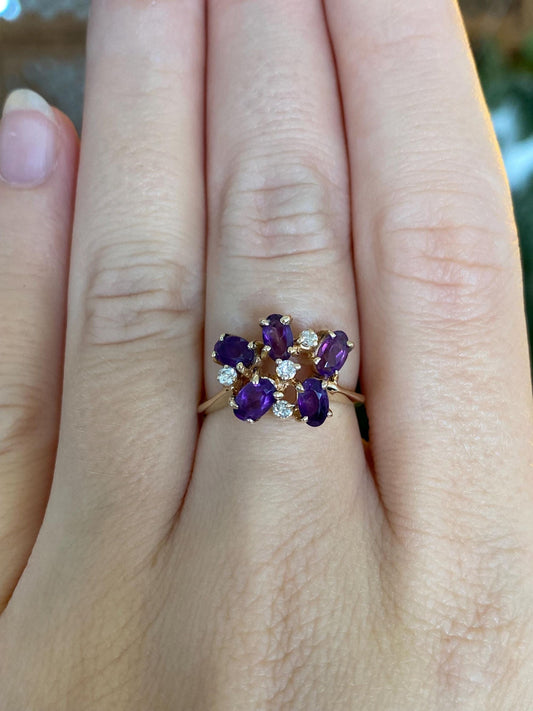 Vintage Solid 14k Yellow Gold Diamond Amethyst Ring - Size 5.75