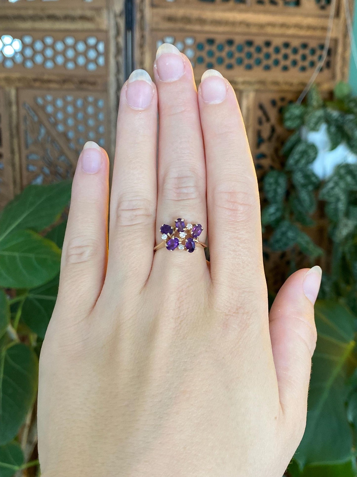 Vintage Solid 14k Yellow Gold Diamond Amethyst Ring - Size 5.75