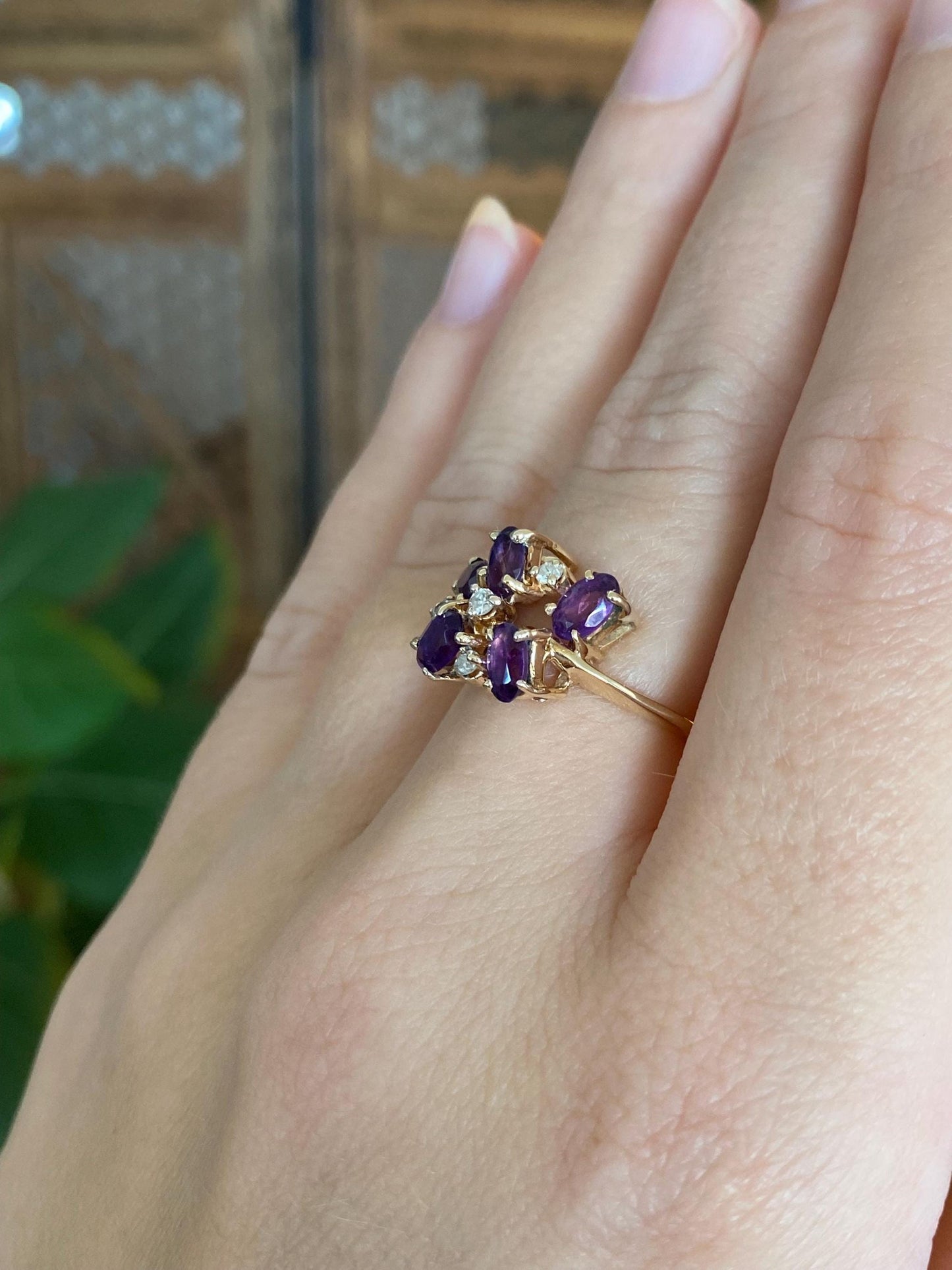 Vintage Solid 14k Yellow Gold Diamond Amethyst Ring - Size 5.75