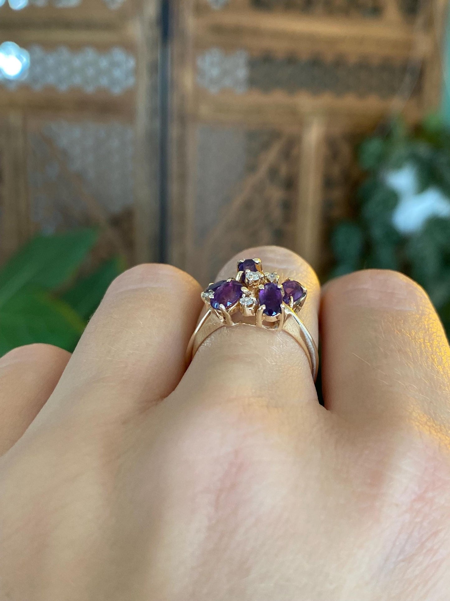 Vintage Solid 14k Yellow Gold Diamond Amethyst Ring - Size 5.75