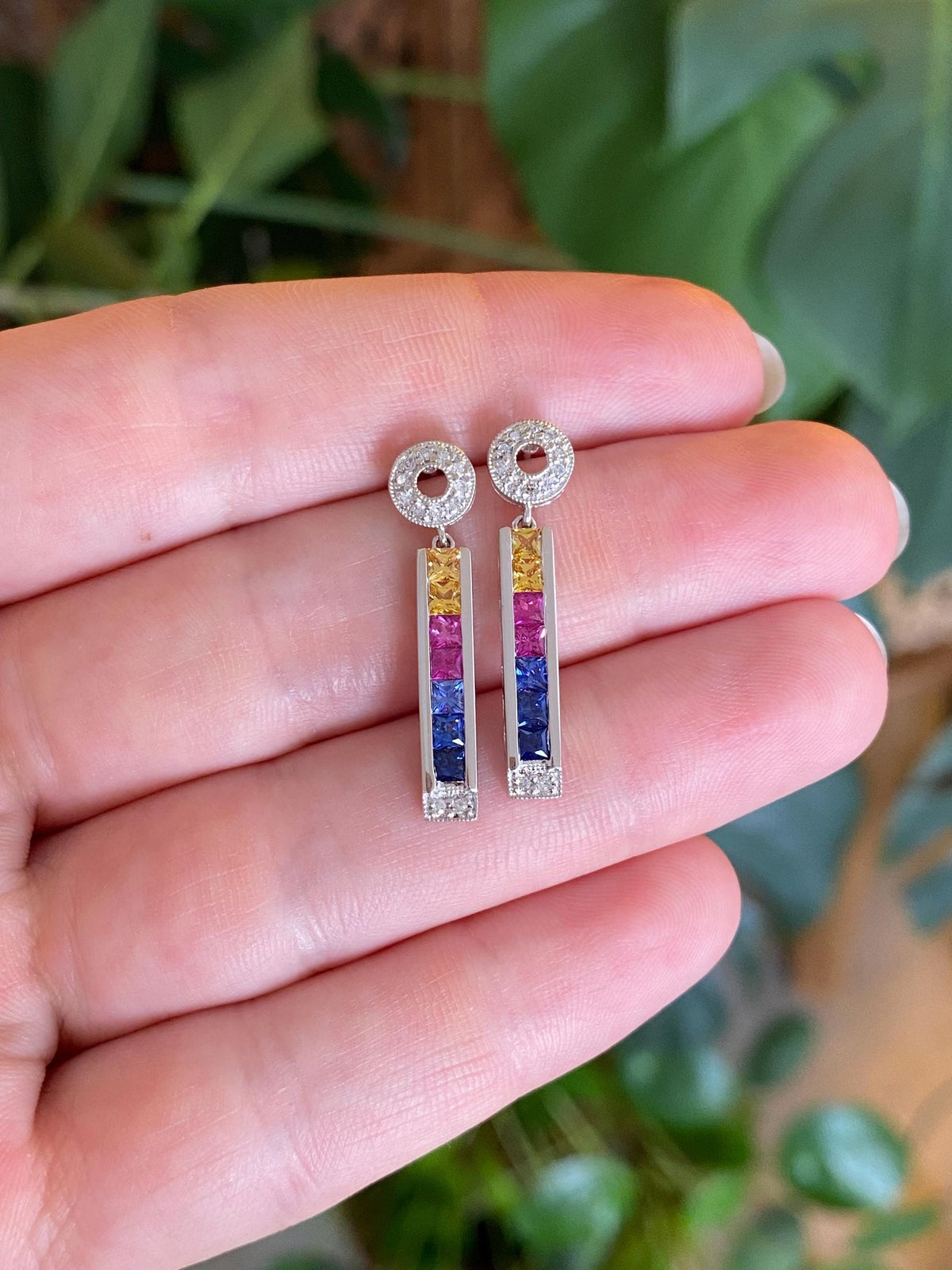 Solid 14k White Gold Diamonds Colored Sapphire Dangle Stud Earrings