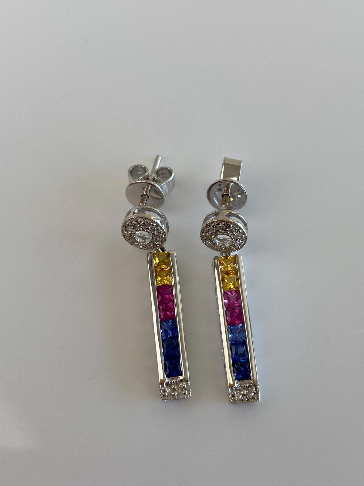 Solid 14k White Gold Diamonds Colored Sapphire Dangle Stud Earrings
