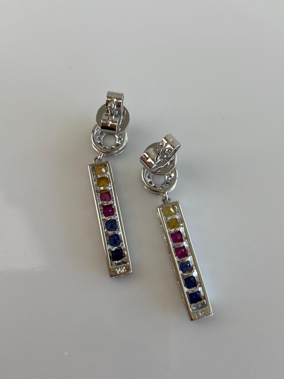Solid 14k White Gold Diamonds Colored Sapphire Dangle Stud Earrings