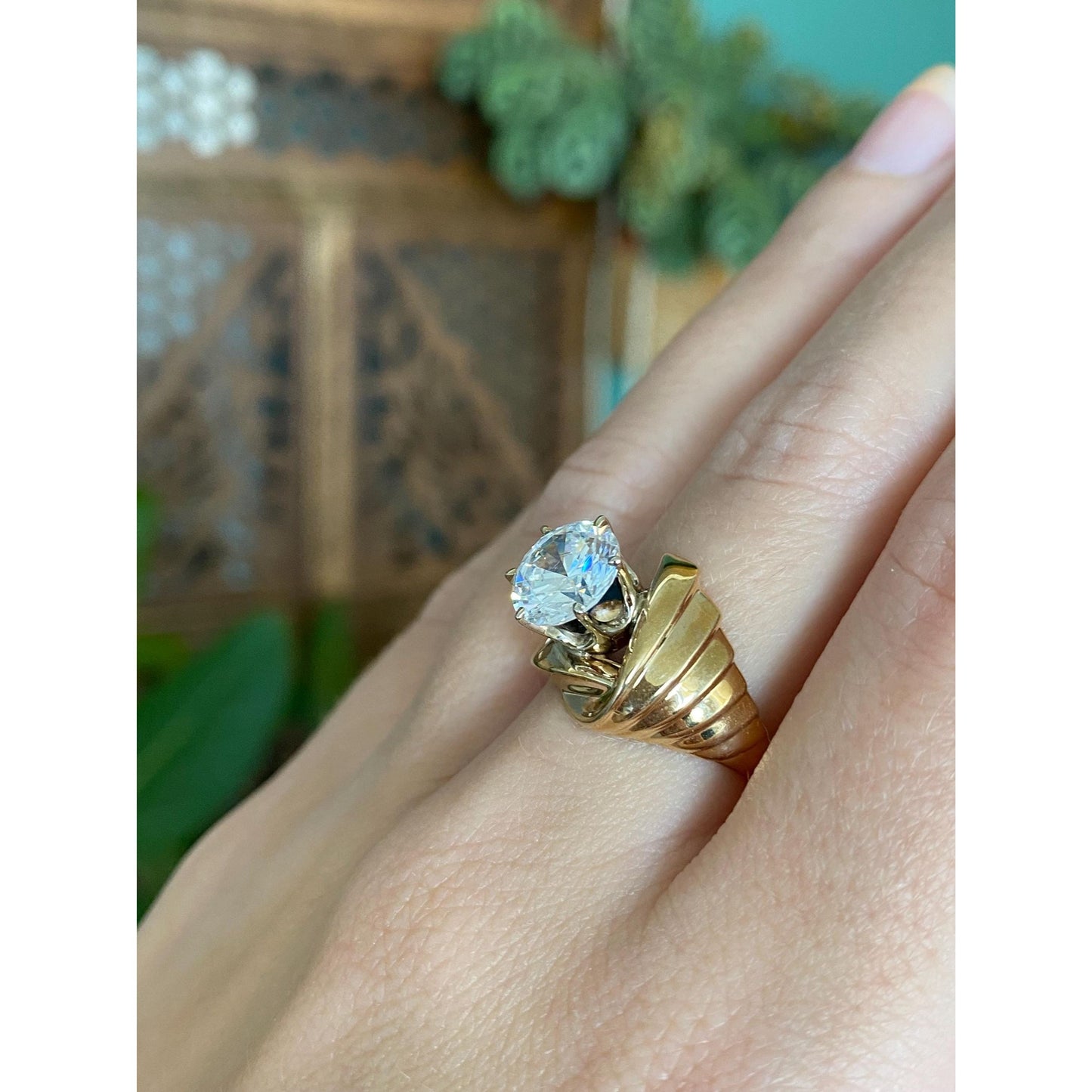 Vintage Solid 14k Yellow Gold Clear Cubic Zirconia Ring - Size 7
