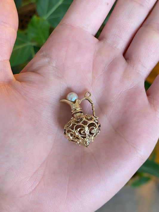 Vintage Solid 14k Yellow Gold Open Work Pearl Pitcher Charm
