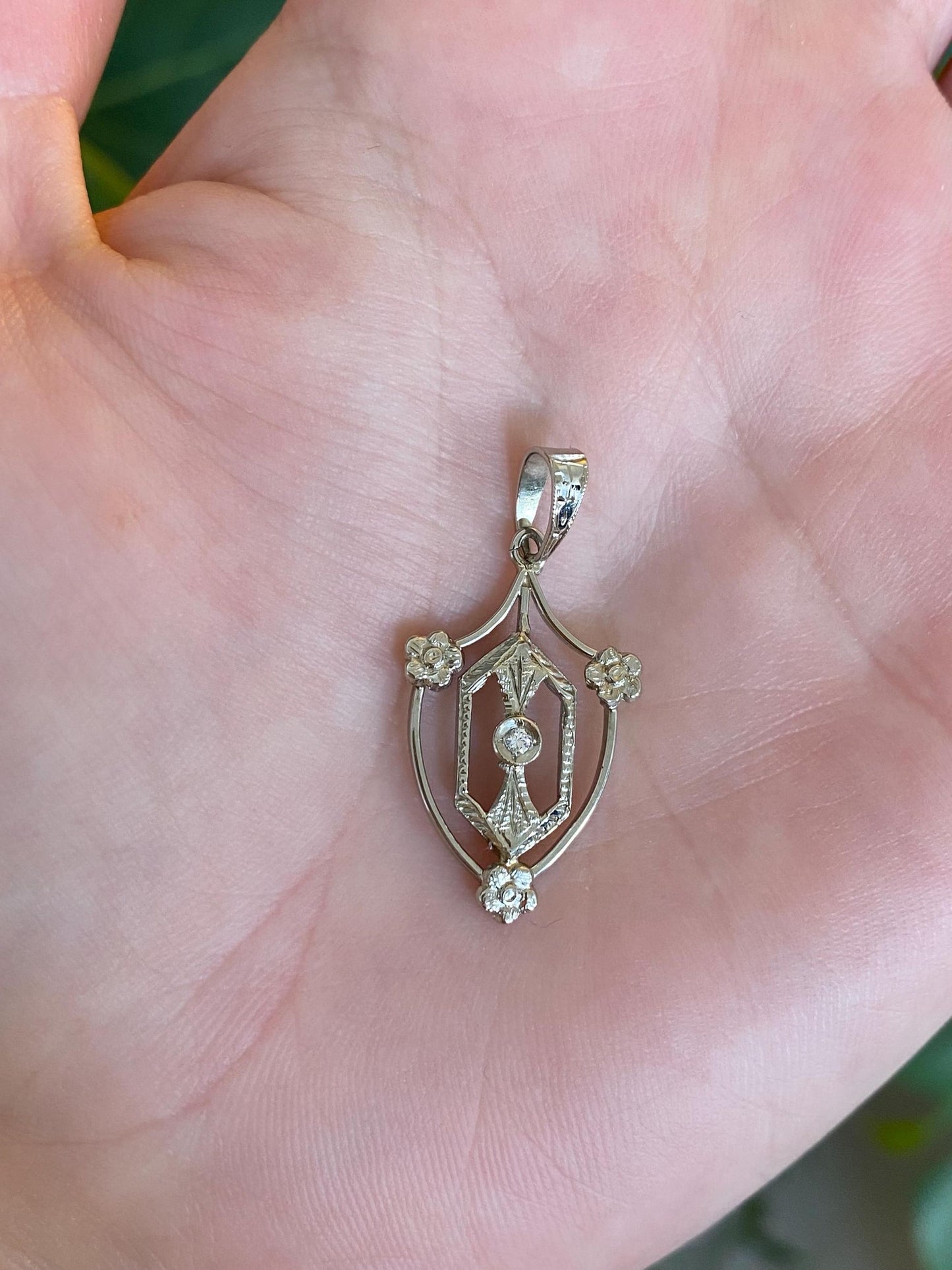 Vintage Solid 10k White Gold Clear Sapphire Floral Shield Charm