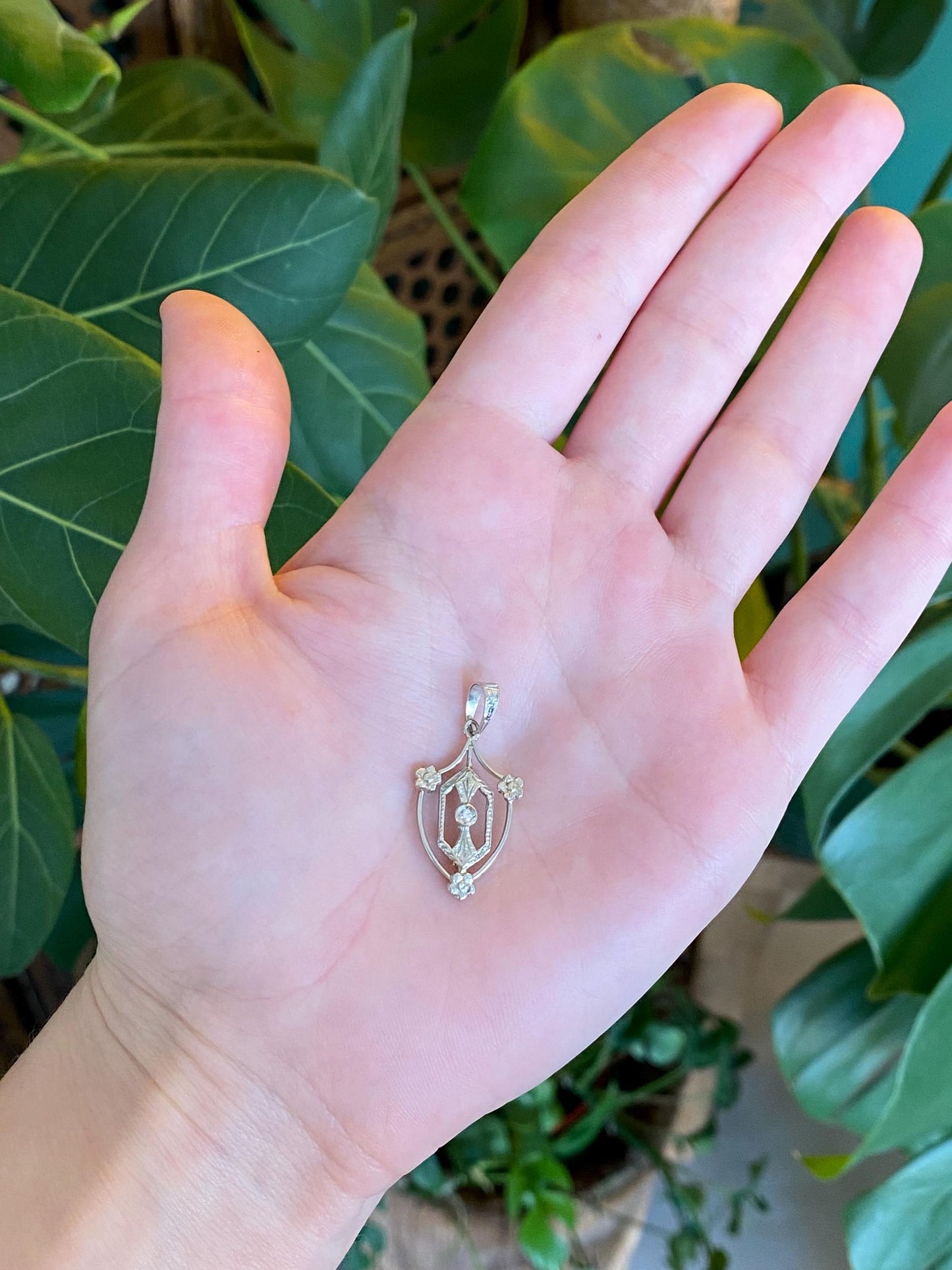 Vintage Solid 10k White Gold Clear Sapphire Floral Shield Charm