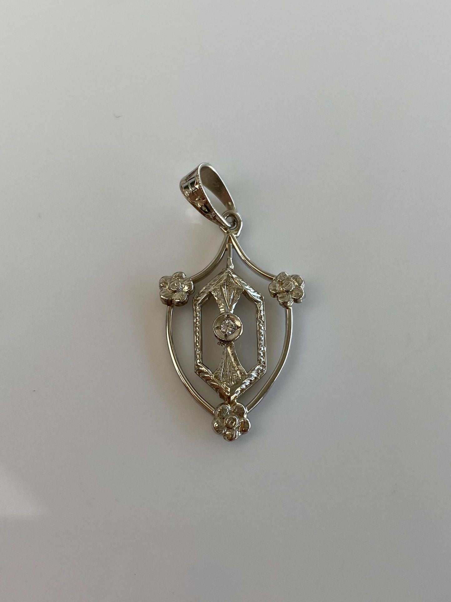 Vintage Solid 10k White Gold Clear Sapphire Floral Shield Charm