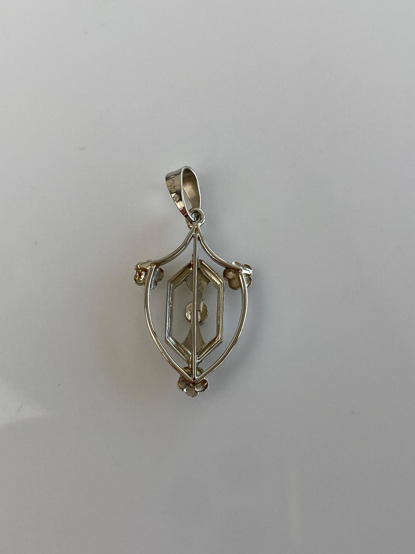 Vintage Solid 10k White Gold Clear Sapphire Floral Shield Charm