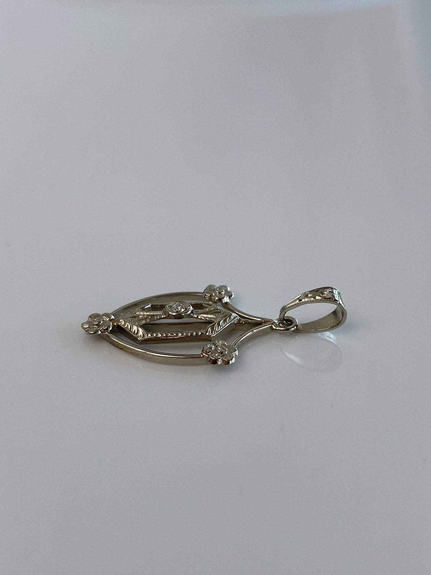 Vintage Solid 10k White Gold Clear Sapphire Floral Shield Charm