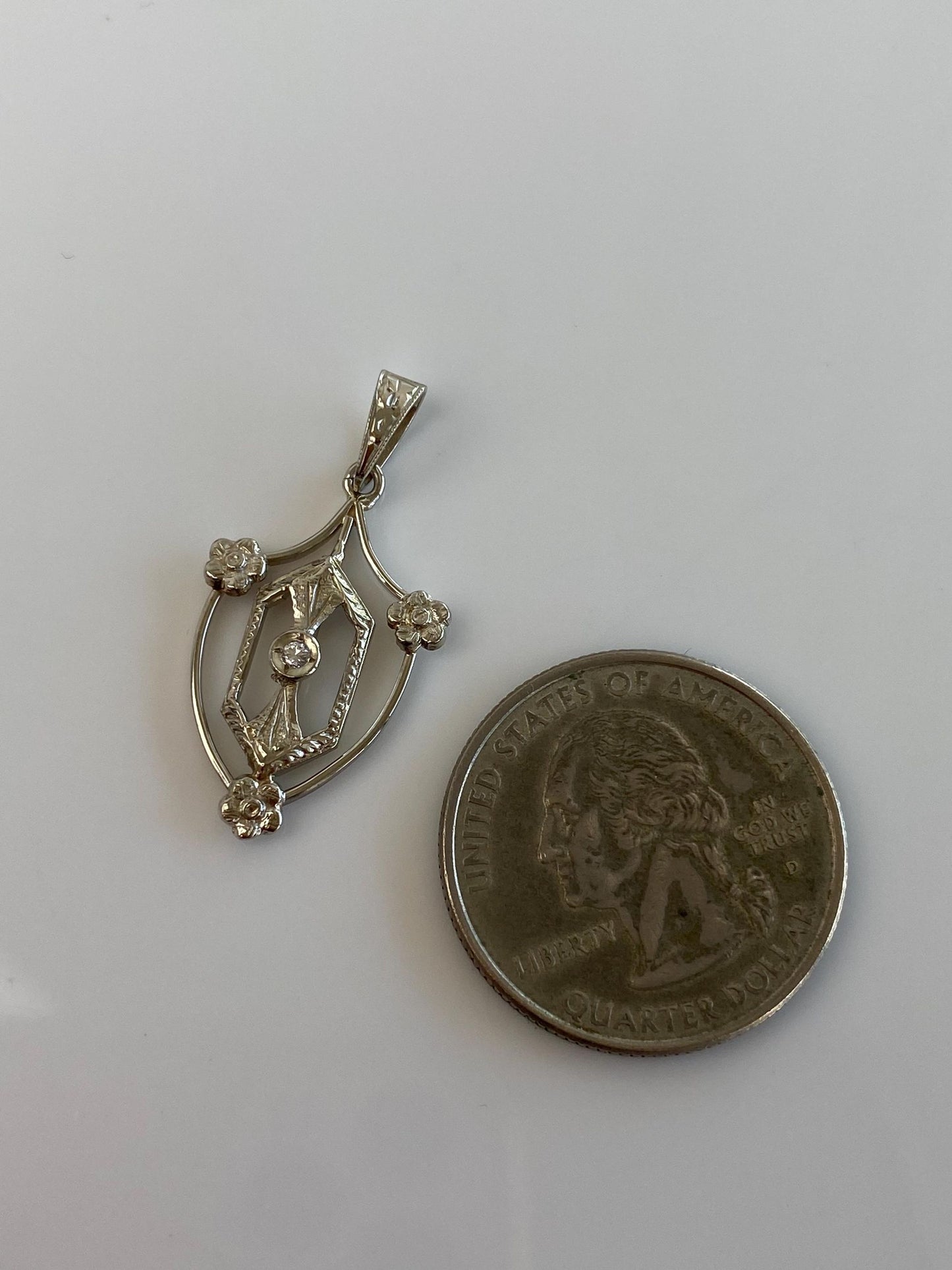 Vintage Solid 10k White Gold Clear Sapphire Floral Shield Charm