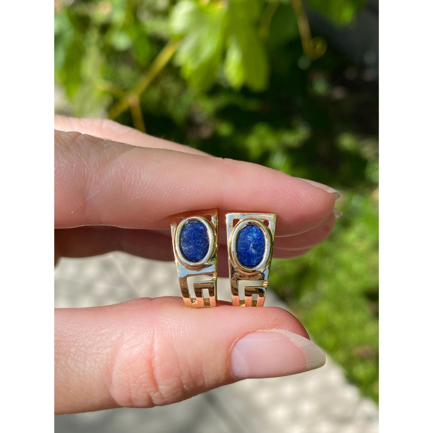 Solid 14k Yellow Gold Blue Lapis Greek Key Stud Earrings