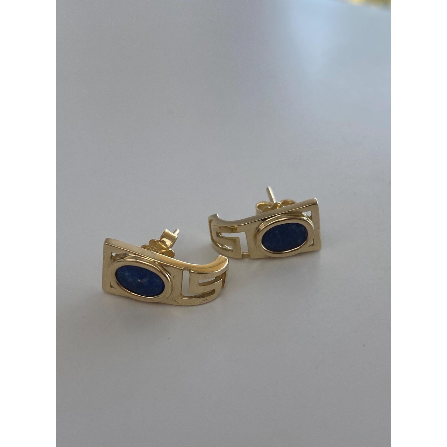 Solid 14k Yellow Gold Blue Lapis Greek Key Stud Earrings