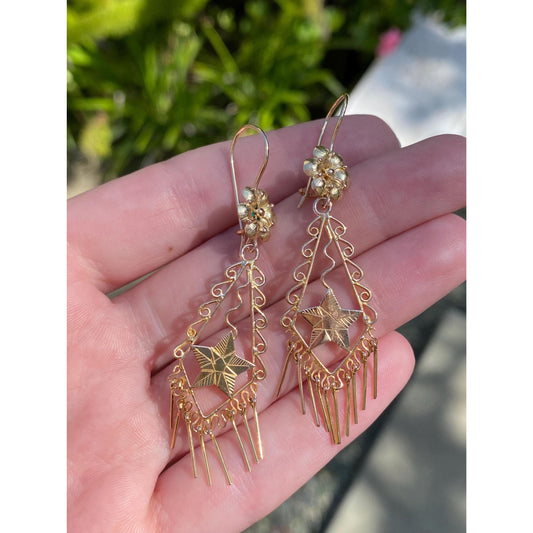Vintage Solid 14k Yellow Gold Flower Star Fringe Dangle Earrings