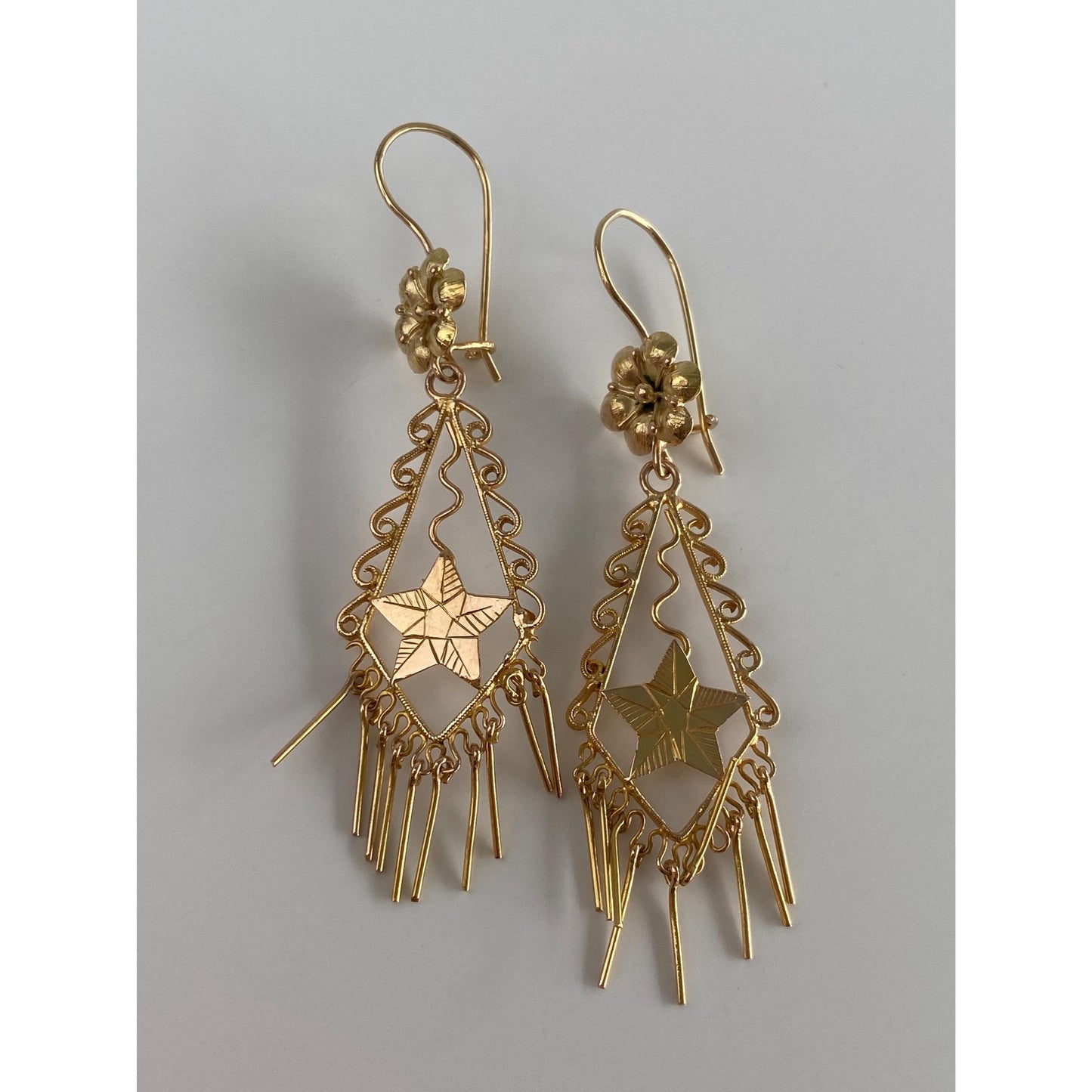 Vintage Solid 14k Yellow Gold Flower Star Fringe Dangle Earrings