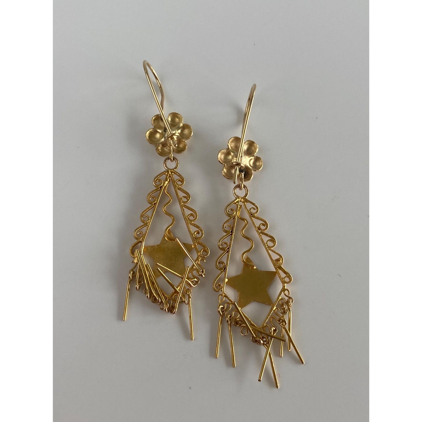 Vintage Solid 14k Yellow Gold Flower Star Fringe Dangle Earrings