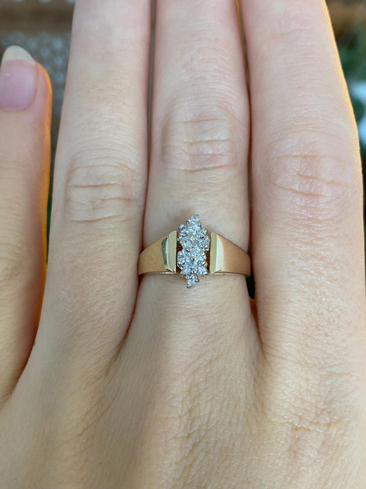 Vintage Solid 14k White & Yellow Gold Diamond Cluster Ring - Size 6