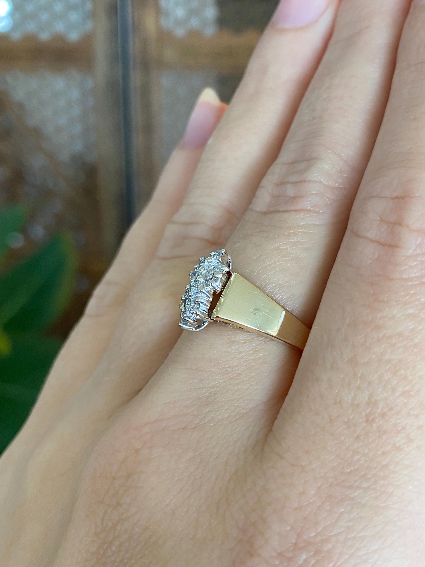 Vintage Solid 14k White & Yellow Gold Diamond Cluster Ring - Size 6