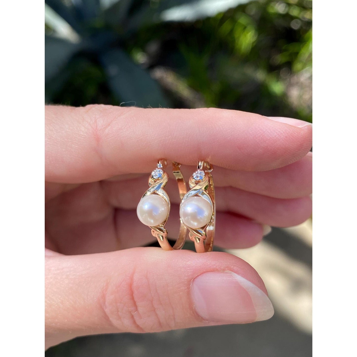 Vintage 14k White & Yellow Gold Diamond Pearl Hoop Earrings