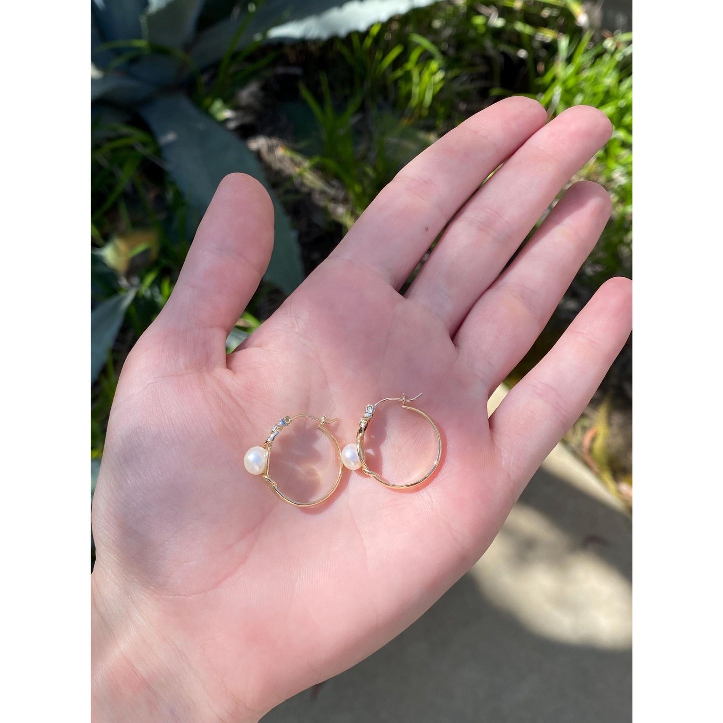 Vintage 14k White & Yellow Gold Diamond Pearl Hoop Earrings