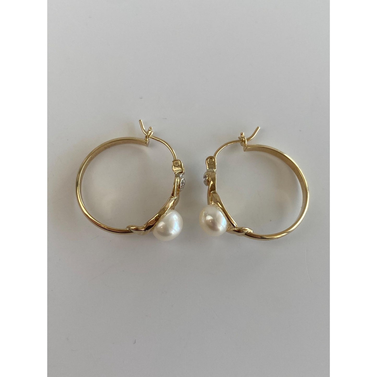 Vintage 14k White & Yellow Gold Diamond Pearl Hoop Earrings