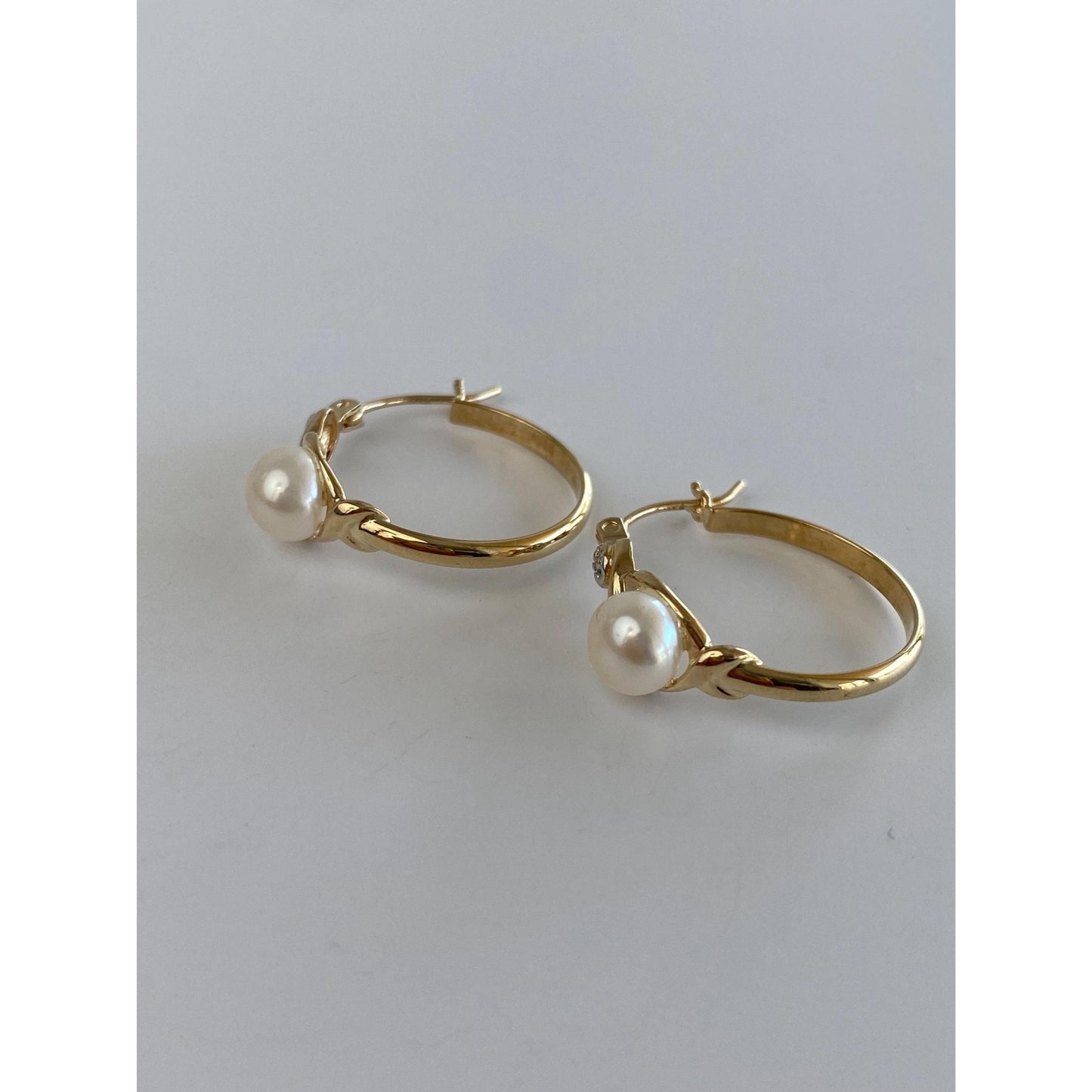 Vintage 14k White & Yellow Gold Diamond Pearl Hoop Earrings