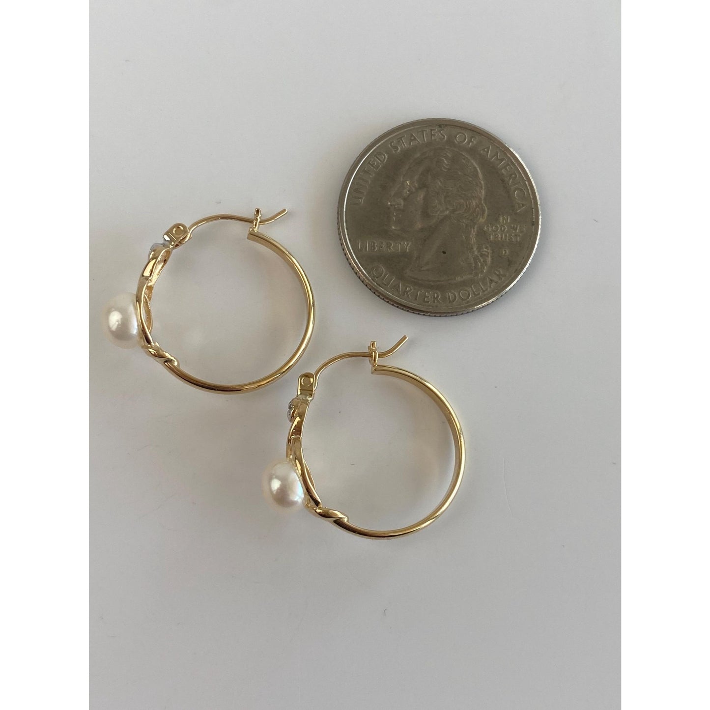 Vintage 14k White & Yellow Gold Diamond Pearl Hoop Earrings