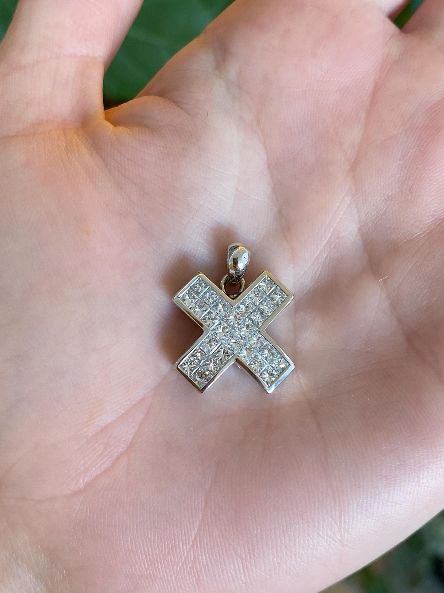 Vintage Solid 18k White Gold Diamond X Charm