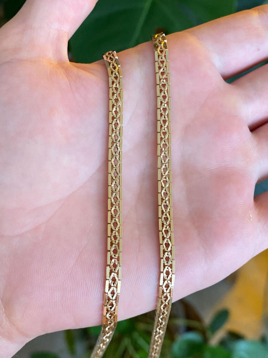 Vintage Solid 14k Yellow Gold Fancy Open Work Flat Chain Necklace - 16 inches