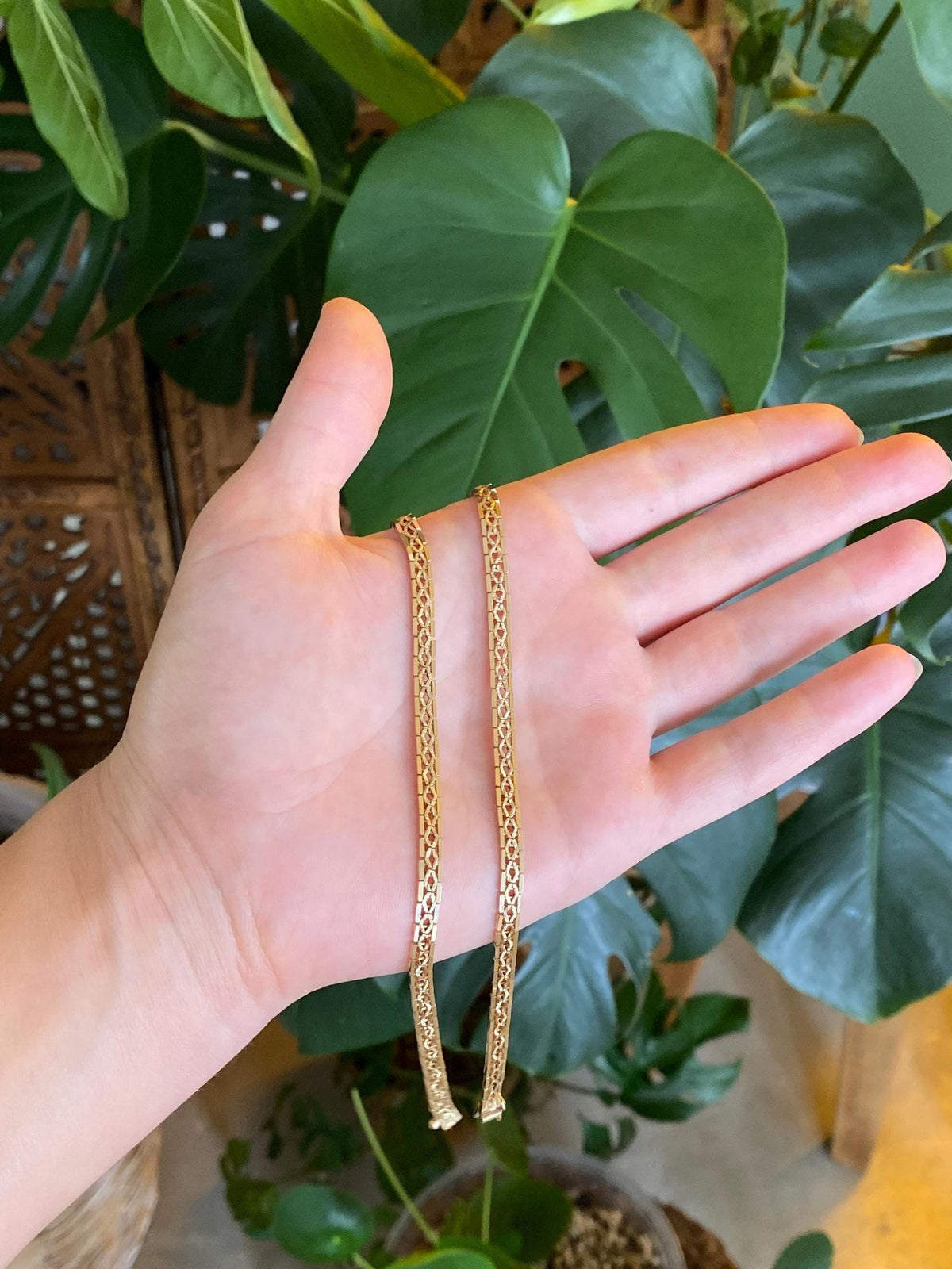 Vintage Solid 14k Yellow Gold Fancy Open Work Flat Chain Necklace - 16 inches