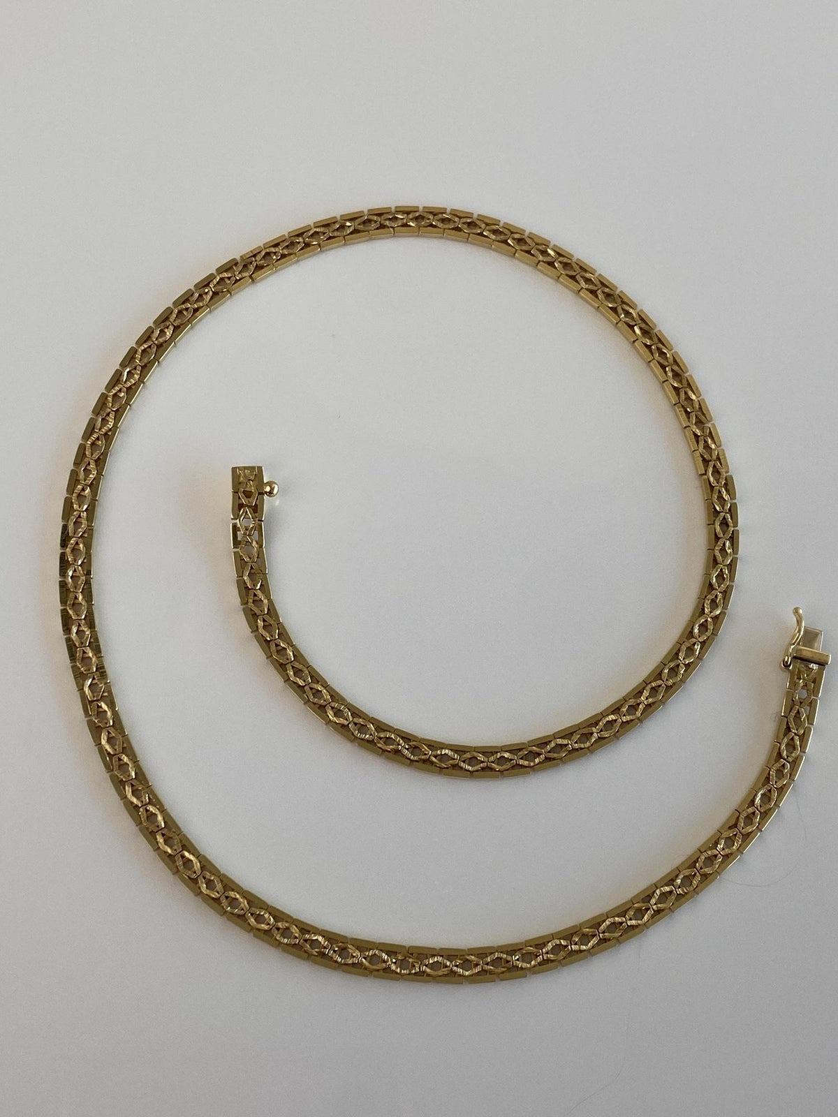 Vintage Solid 14k Yellow Gold Fancy Open Work Flat Chain Necklace - 16 inches