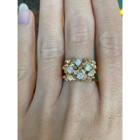 Vintage Solid 14k Yellow Gold Diamond Nugget Ring - Size 6.5
