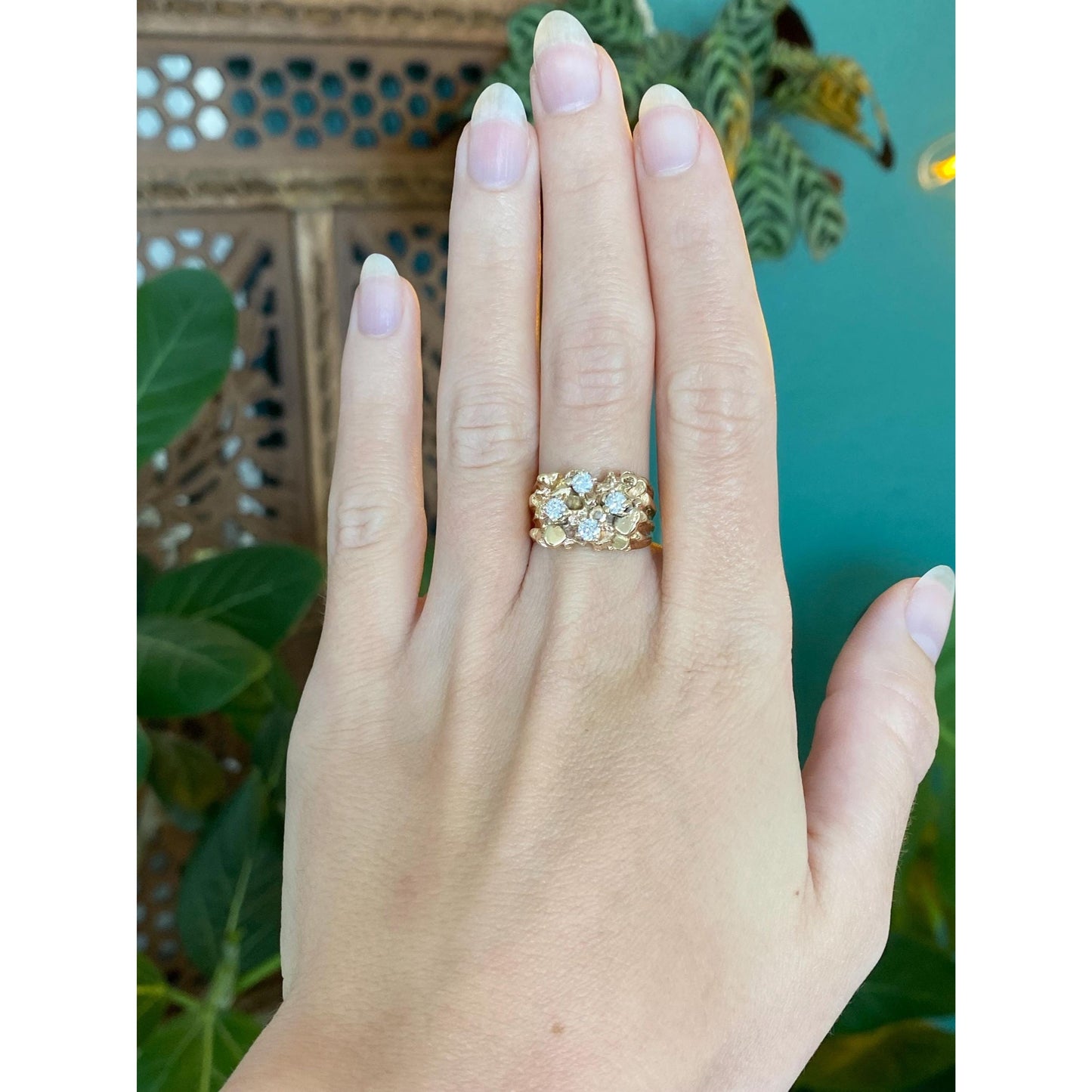 Vintage Solid 14k Yellow Gold Diamond Nugget Ring - Size 6.5