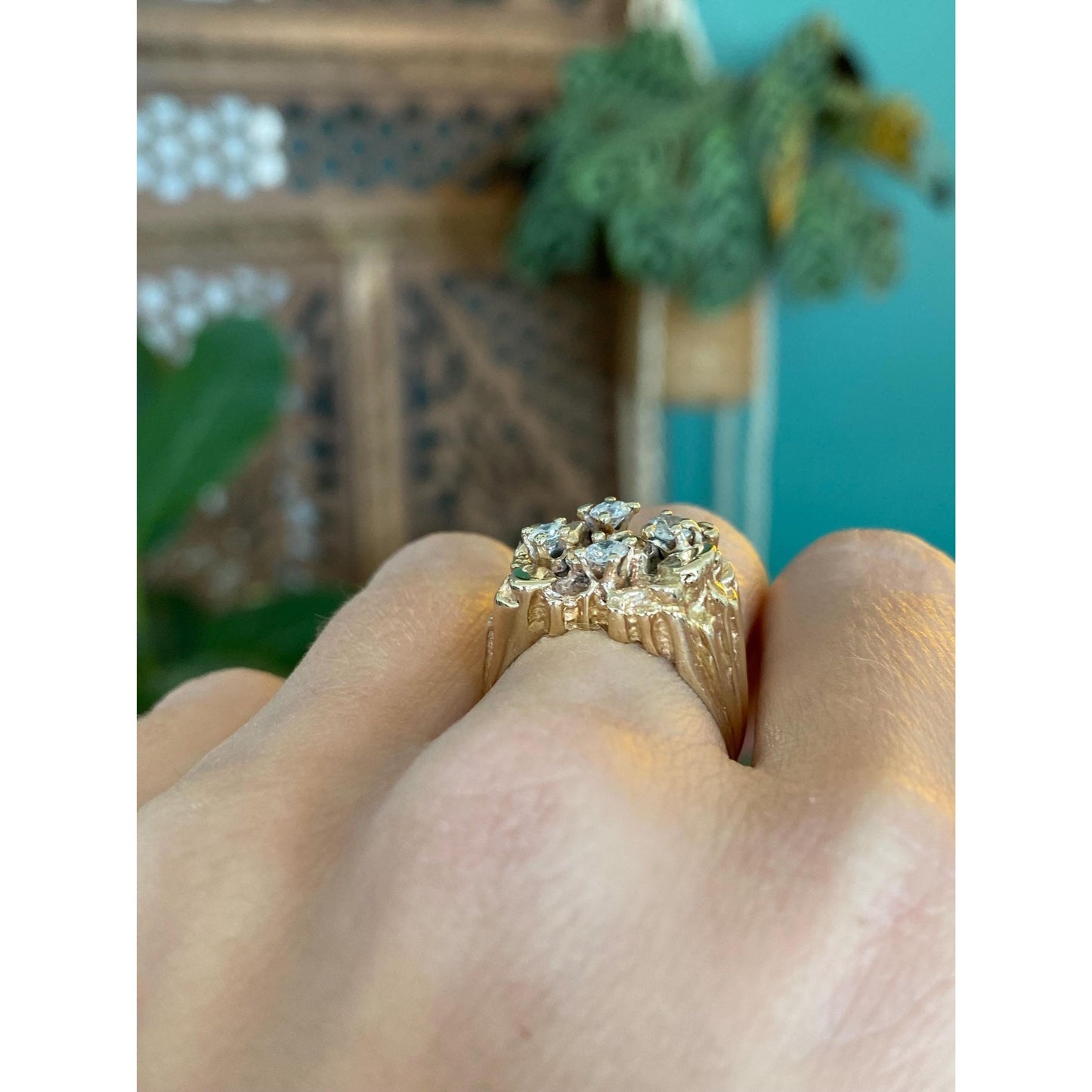 Vintage Solid 14k Yellow Gold Diamond Nugget Ring - Size 6.5