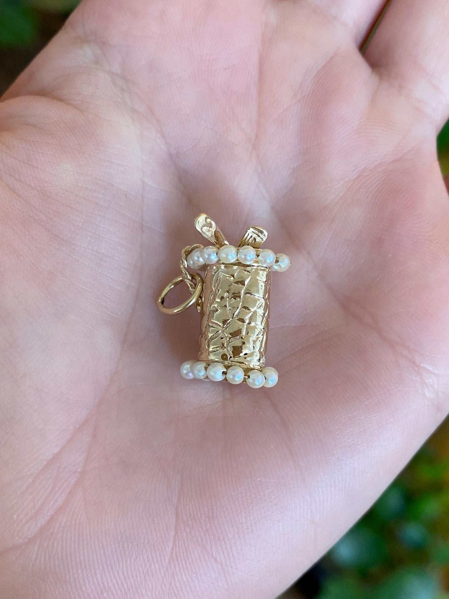 Vintage Solid 14k Yellow Gold Pearls Alligator Print Golf Bag Charm