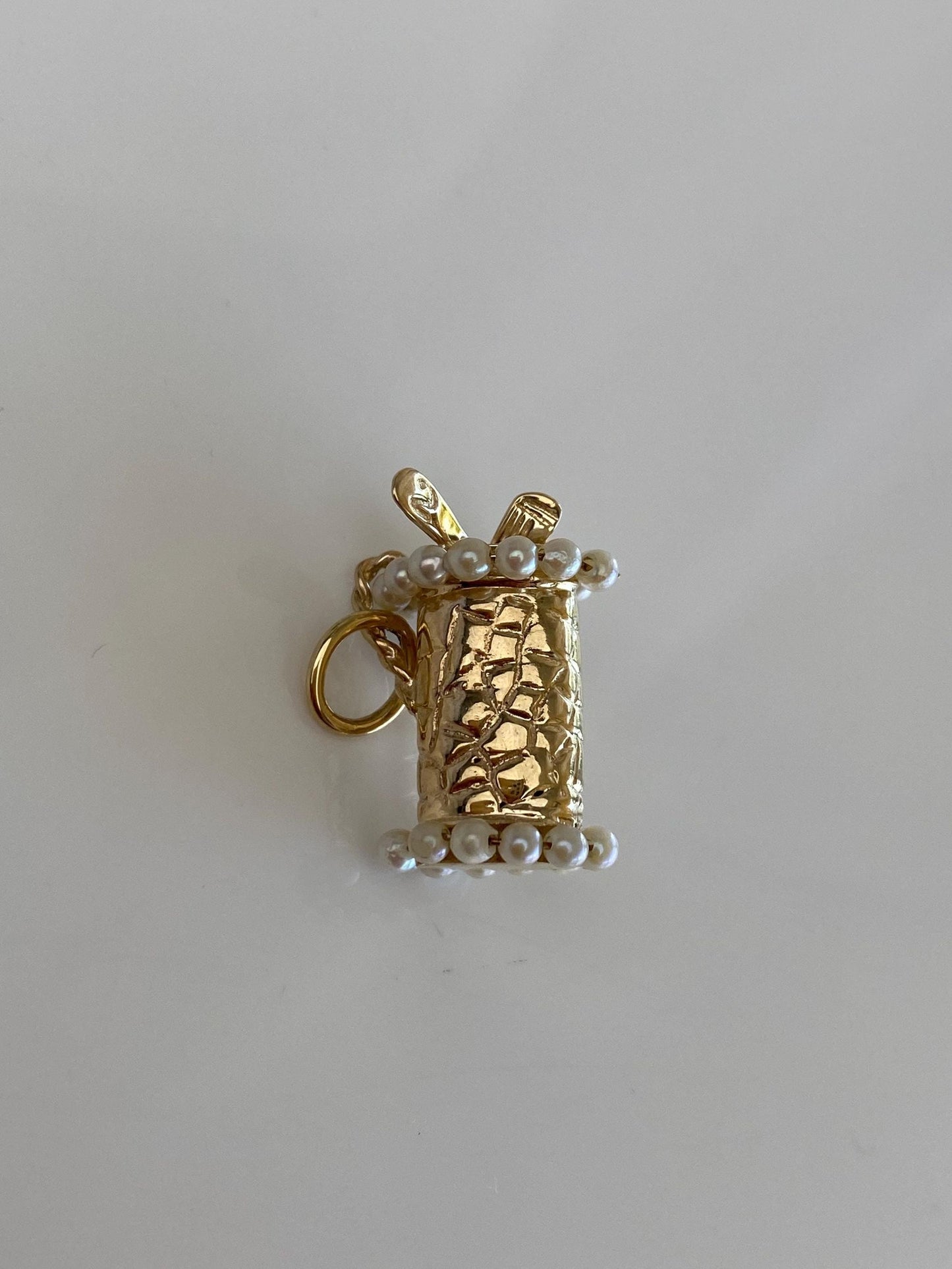 Vintage Solid 14k Yellow Gold Pearls Alligator Print Golf Bag Charm