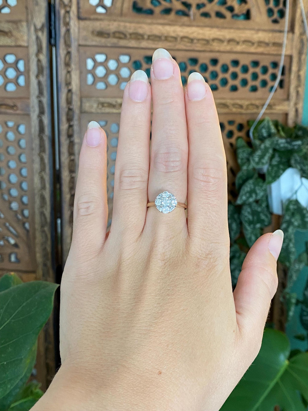 Vintage Solid 14k White & Yellow Gold Diamond Cluster Ring - Size 6
