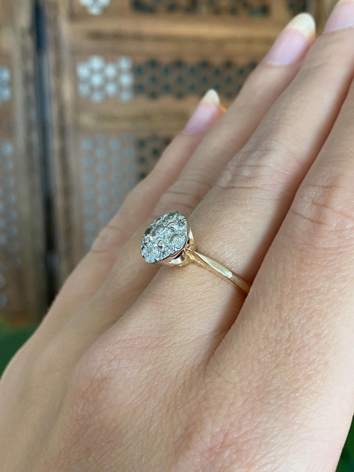 Vintage Solid 14k White & Yellow Gold Diamond Cluster Ring - Size 6