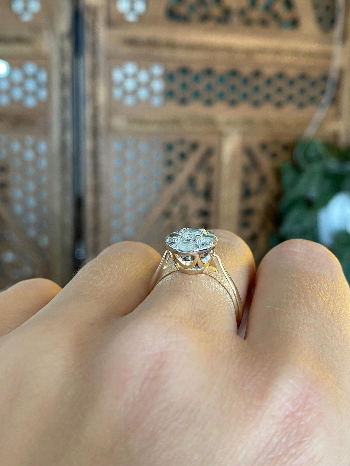 Vintage Solid 14k White & Yellow Gold Diamond Cluster Ring - Size 6